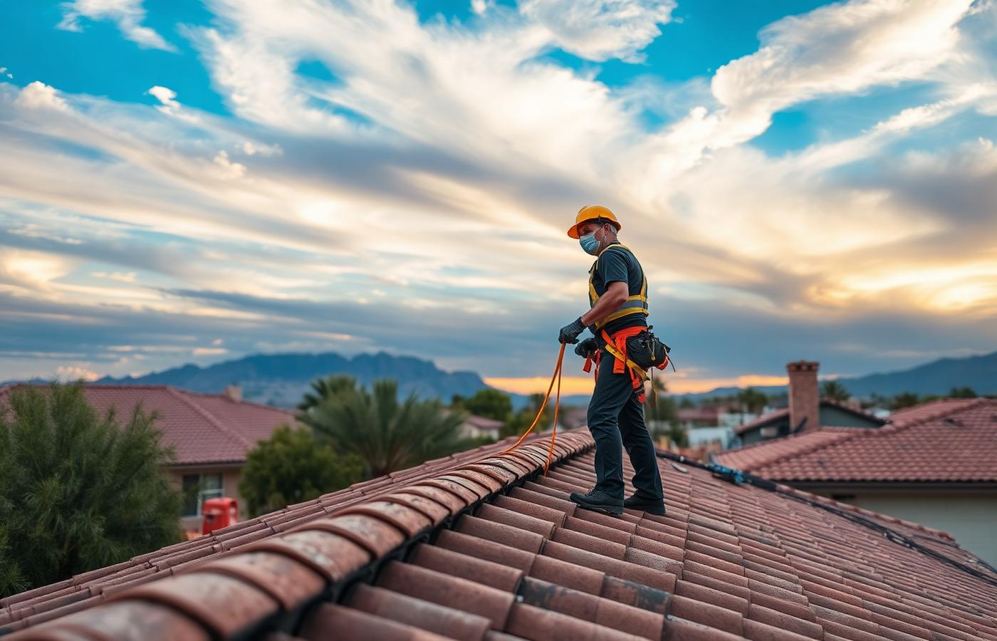 Roofer performing emergency service on an Arizona rooftop