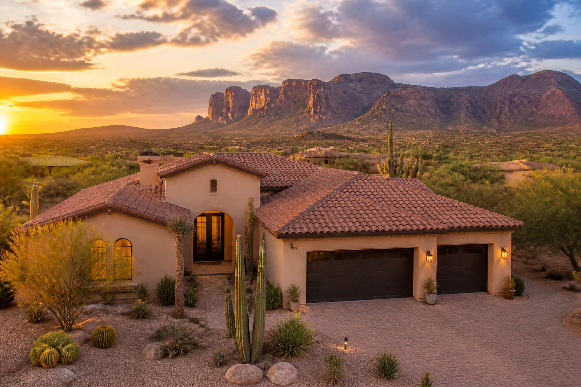Arizona home with a tile roof at sunset near the Superstition Mountains